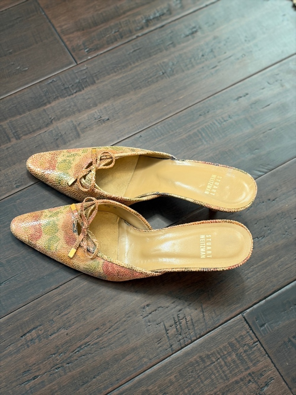 Vintage Stuart Weitzman Multicolor Floral Pointed Bow Mules - Picture 5 of 8